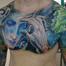 Tattoo Chest piece on the chest motif: science fiction style: realistic