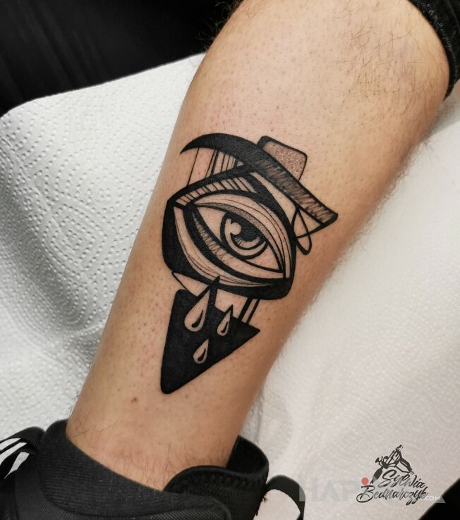 Tattoo Please don't cry in black and gray motif and blackwork / blackout style on the leg