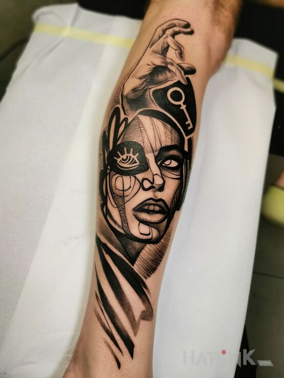 Tattoo Love the music in black and gray motif and modern / cubism style on the calf