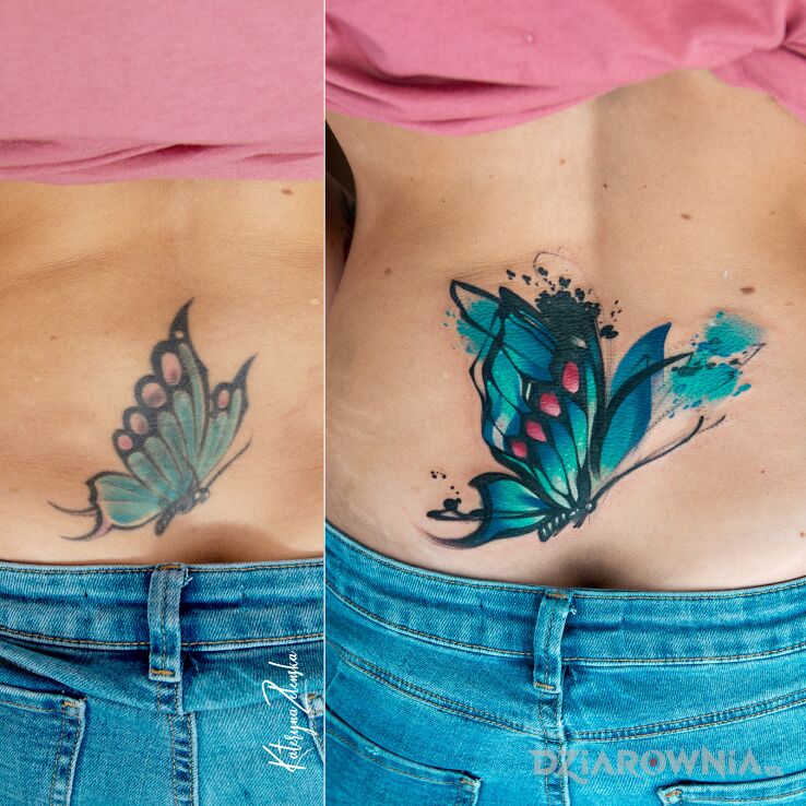 Tatuaż motyl  akwarela w motywie cover up i stylu watercolor na plecach