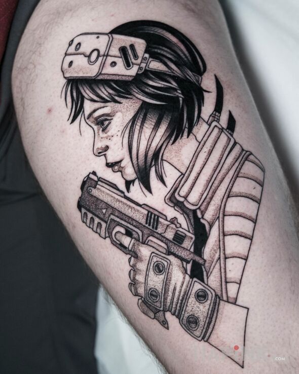 Tattoo Major Motoko Kusanagi / Ghost in the Shell in black and gray motif and dotwork style on the thigh