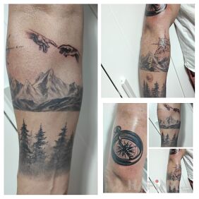 Tattoo Forest mountains, geography on the forearm motif: nature style: graphic / illustrative