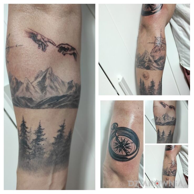 Tatuaż las góry  geografia w motywie czarno-szare na ręce