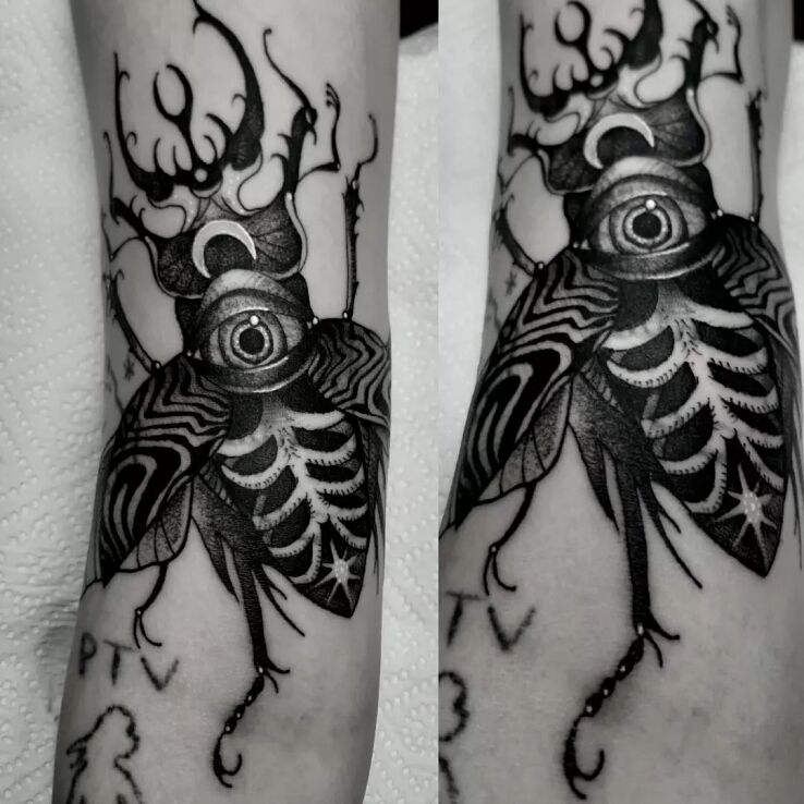 Tatuaż żuk w motywie owady i stylu dotwork na ręce