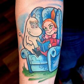 Tattoo Little My and Snorkmaiden on the forearm motif: colorful style: cartoon / comic book