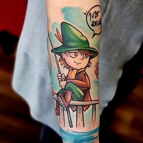 Tattoo Just Relax! The Wanderer on the forearm motif: characters style: cartoon / comic book