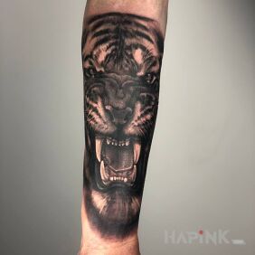 Tattoo The tiger On the arm motif: 3D style: realistic