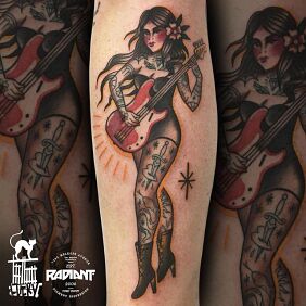 Tattoo Girl with a guitar on the forearm motif: characters style: minimalistic