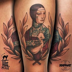 Tattoo Lady with an Ermine on the calf motif: colorful style: newschool