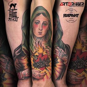 Tattoo Virgin Mary on the forearm motif: colorful style: graphic / illustrative