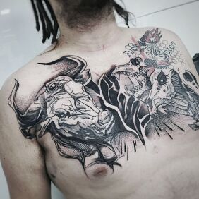 Tattoo Chest piece on the collarbone motif: animals style: sketch