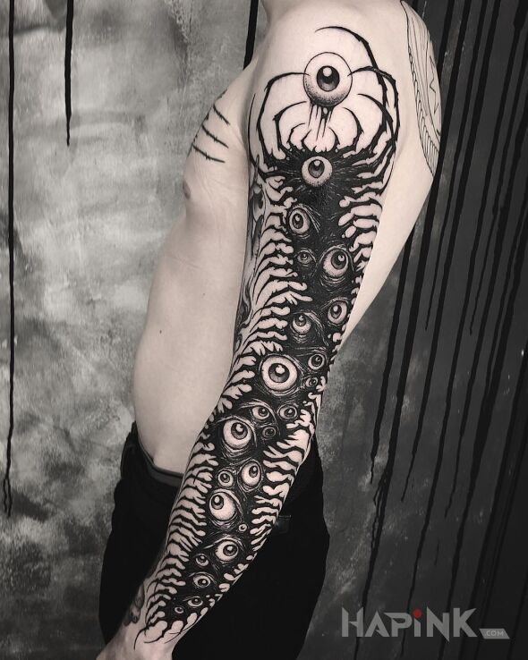 Tattoo Ślepy nie zostanie in black and gray motif and graphic / illustrative style on the forearm