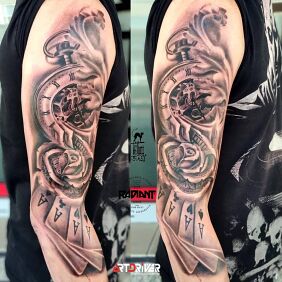 Tattoo Cards on the upper arm motif: black and gray style: realistic