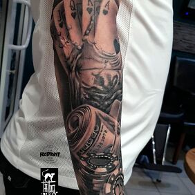 Tattoo Hazard on the forearm motif: black and gray style: realistic