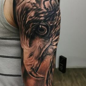 Tattoo Eagle on the upper arm motif: black and gray style: realistic