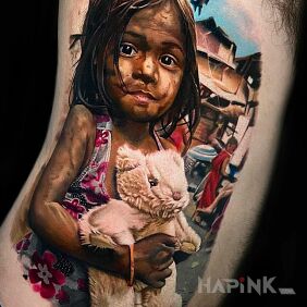Tattoo Girl from the slums on the ribs motif: 3D style: realistic