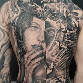 Tattoo Cranes on the shoulder blades motif: objects style: surrealistic