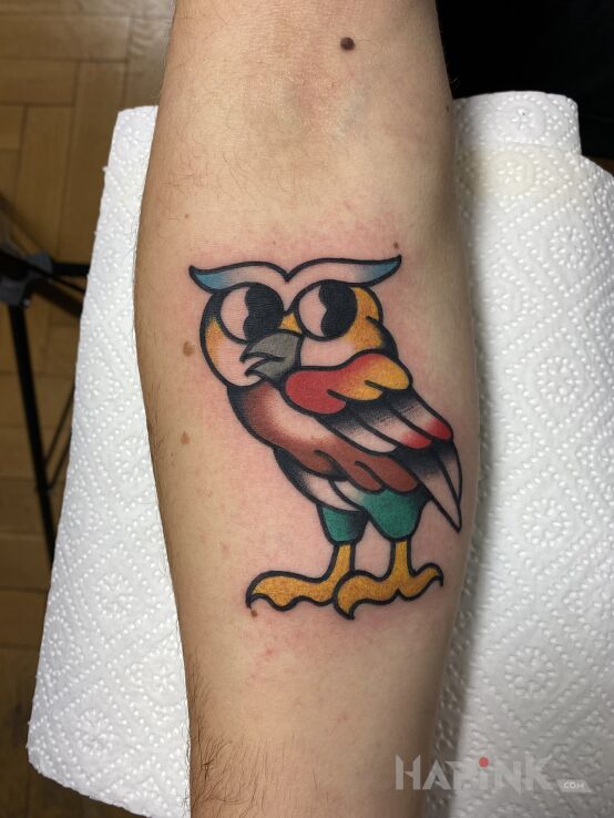Tattoo Sowa in colorful motif and oldschool style On the arm
