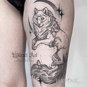 Tattoo Wolf / Moon on the thigh motif: fantasy style: graphic / illustrative