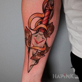 Tattoo Mononoke / Dagger on the forearm motif: colorful style: neo-traditional