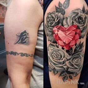 Tattoo Roses / Diamond / Heart / Flowers On the arm motif: colorful style: realistic