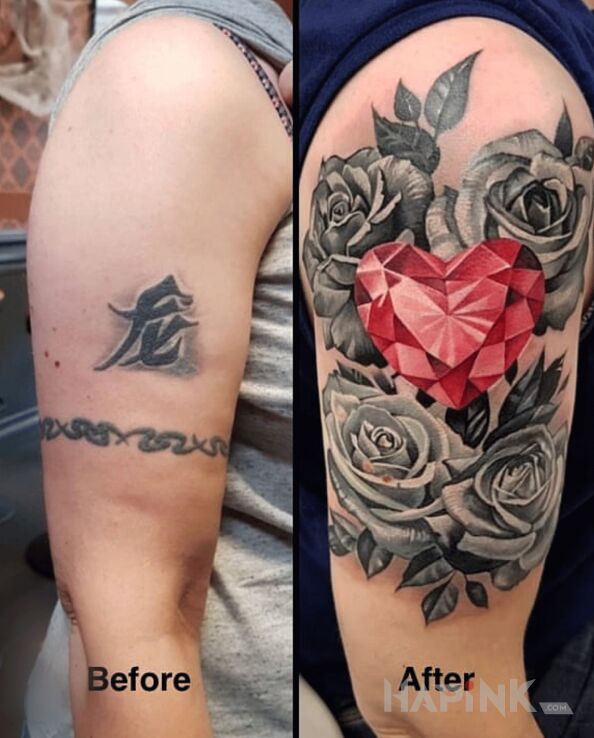 Tattoo Róże / Diament / Serce / Kwiaty in colorful motif and realistic style On the arm