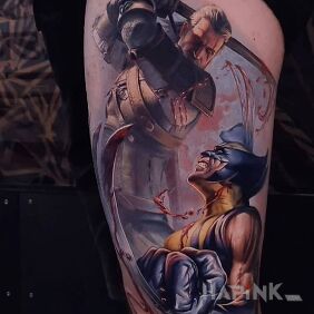 Tattoo Fight of two Cossacks on the thigh motif: characters style: realistic