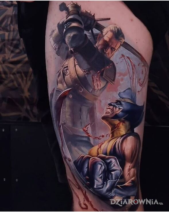 Tatuaż walka dwóch kozaków w motywie 3D i stylu realistyczne na udzie