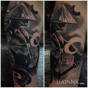 Tattoo Japanese warrior on the upper arm motif: 3D style: japanese / irezumi