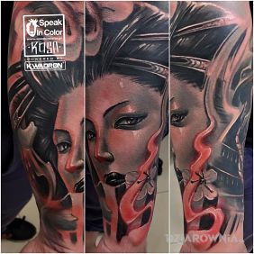 Tatuaż Portret Gejszy na przedramieniu motyw: twarze styl: japońskie / irezumi
