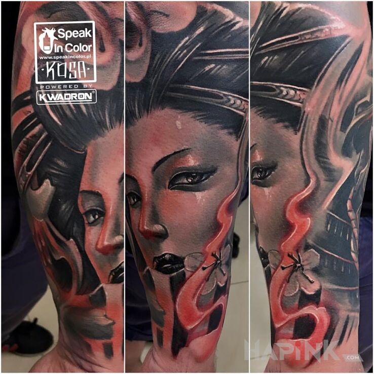 Tattoo Portret Gejszy in 3D motif and realistic style on the forearm