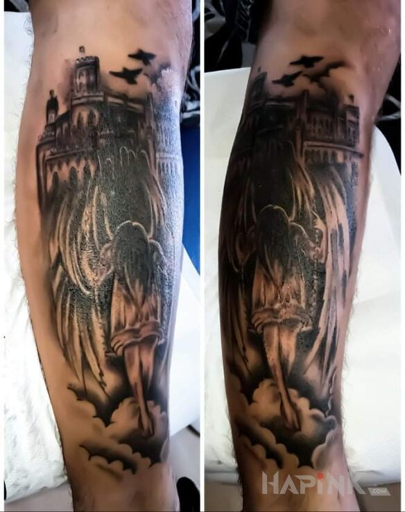 Tattoo A był tribal in angels motif and realistic style on the calf