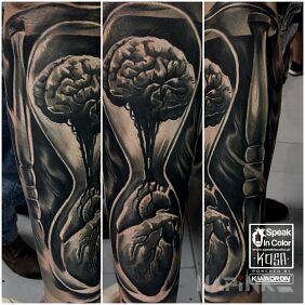 Tattoo Sece and brain as interpreted by KOSY on the forearm motif: 3D style: realistic