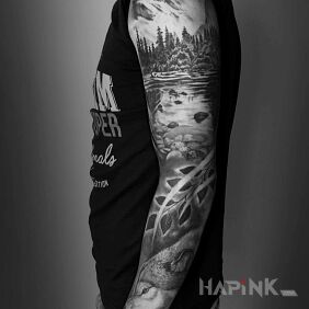 Tattoo The Call of the Wild on the forearm motif: black and gray style: realistic