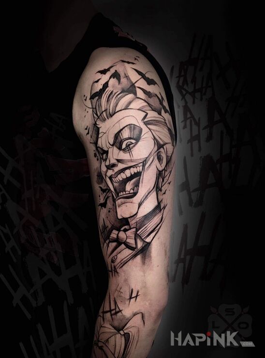 Tattoo Crazy Joker in characters motif and graphic / illustrative style On the arm
