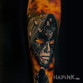 Tattoo Dark fire On the arm motif: characters style: realistic