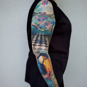 Tattoo Sleeve surrealism animals on the forearm motif: 3D style: realistic