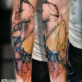Tattoo Peace on the forearm motif: characters style: abstract