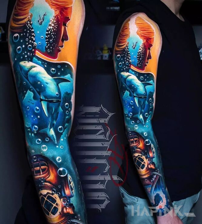 Tattoo Daj nura pod wodę in sleeves motif and realistic style On the arm