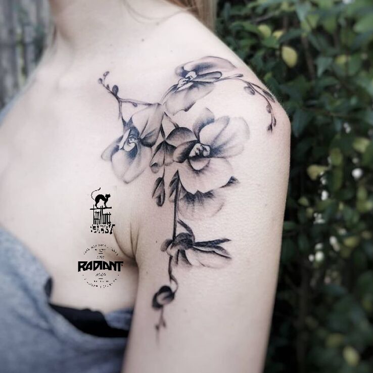Tatuaż storczyk w motywie florystyczne i stylu graficzne / ilustracyjne na klatce