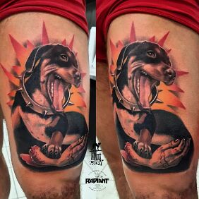Tattoo Zombie hunter on the leg motif: colorful style: realistic