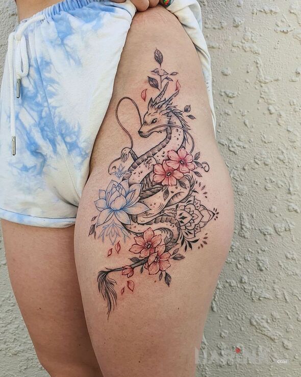 Tattoo Smok z wąsem in colorful motif and graphic / illustrative style on the leg