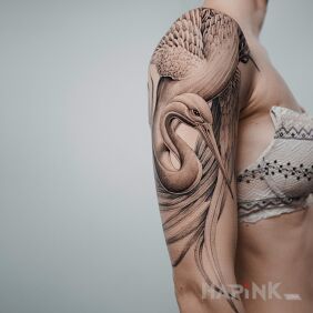 Tattoo Heron on the upper arm motif: black and gray style: realistic