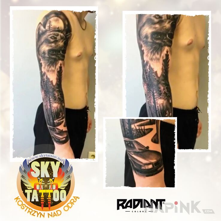 Tattoo Las, natura, Audi 80 in black and gray motif and realistic style On the arm
