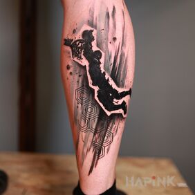 Tattoo Basketball graphic tattoo on the calf motif: black and gray style: trash polka
