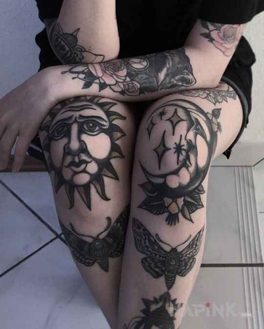 Tattoo Dzień i noc in black and gray motif and graphic / illustrative style on the leg