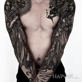 Tattoo Characters straight out of the Middle Ages On the arm motif: black and gray style: engravings / gravure