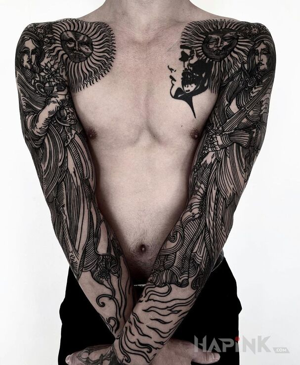 Tattoo Postacie rodem ze średniowiecza in black and gray motif and engravings / gravure style on the forearm