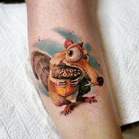 Tattoo Scrat Ice Age on the calf motif: 3D style: Watercolor