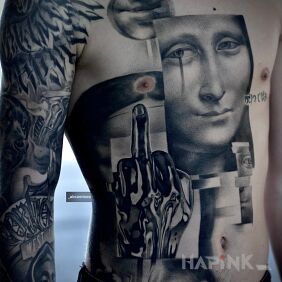 Tattoo Fucker from mona lisa on the shoulder motif: 3D style: blackwork / blackout
